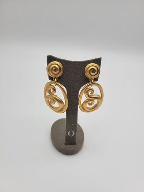 Vintage R Matte Gold tone Swirl Clip on Drop Earrings
